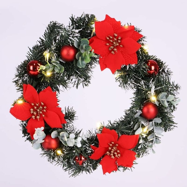 Imitasjon rød julekrans med LED-lys, julekrans, dørheng, peis, ferie, innendørs og utendørs veggdekor (40 cm)