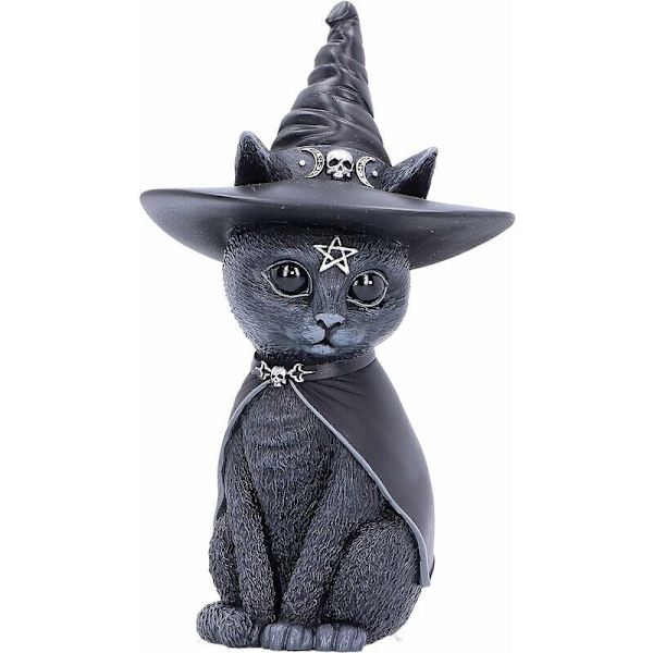Statue og andre dekorative genstande - Okkult kat figurin med heksehat, sort farve, størrelse 10,5 cm -