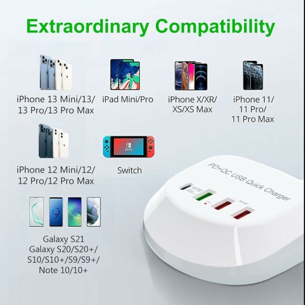 USB C Hurtiglader, USB PD QC 3.0 Hurtiglader 4 Port Multi USB Strømadapter for Iphone iPad