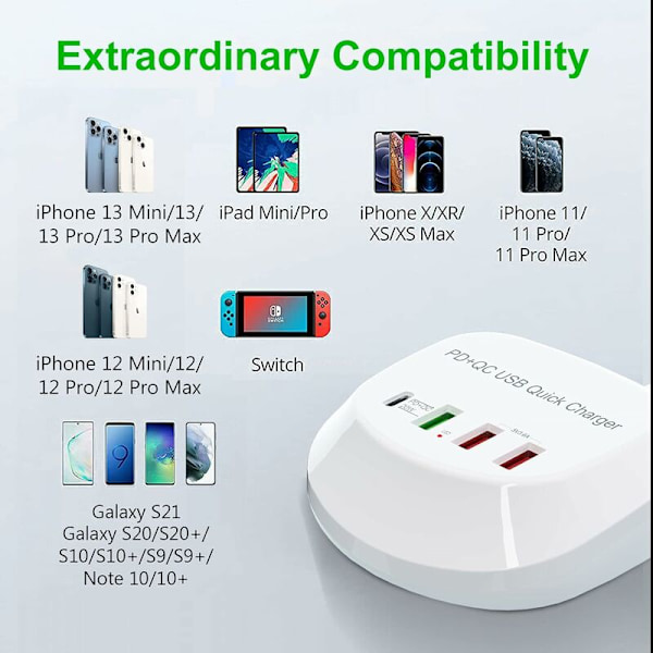 USB C Snabbladdare, USB PD QC 3.0 Snabbladdare 4 Port Multipel USB Strömadapter för Iphone iPad