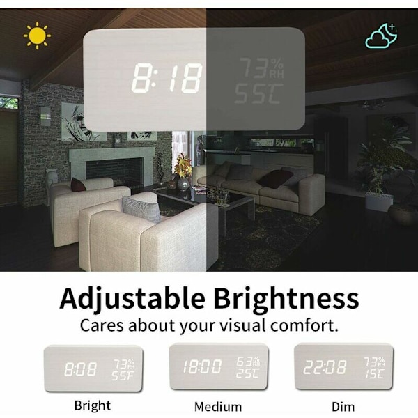 Digital klocka, väckarklocka med trä-LED-elektronisk tidvisning, dubbel temperatur- och fuktighetsdetektering, perfekt för sovrum, barn på natten