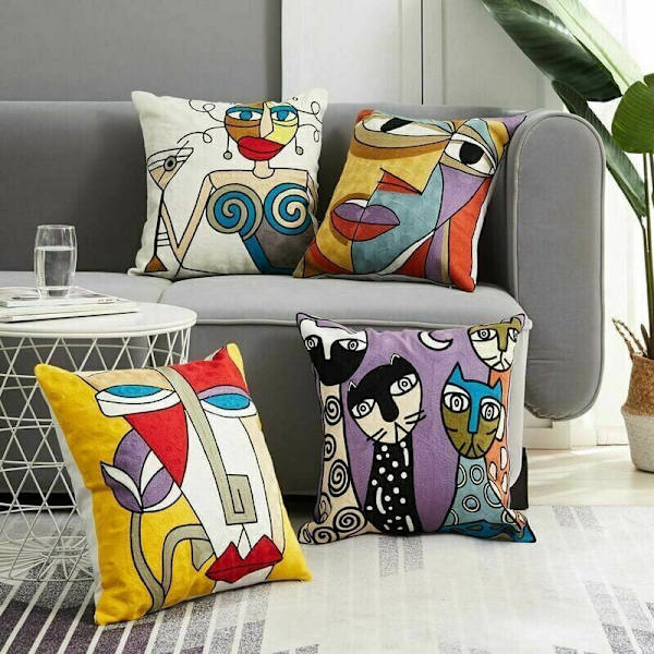 Set med 4 Picasso Kuddfodral 45x45 cm Bomullslinne Broderade Kuddfodral Soffa Dekoration Skandinavisk Vardagsrum Sovrum Säng Kontor Fåtölj