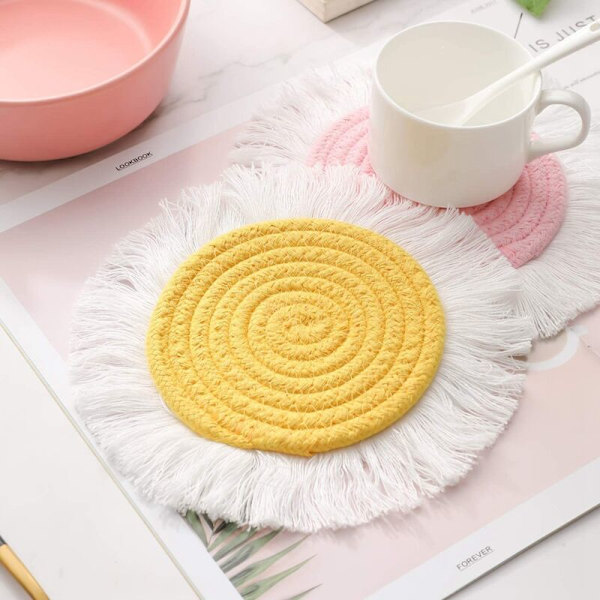 6 stk Runde Boho Makrame Drikkeunderlag Håndvævede Genanvendelige Absorberende Kvaster Varmepuder