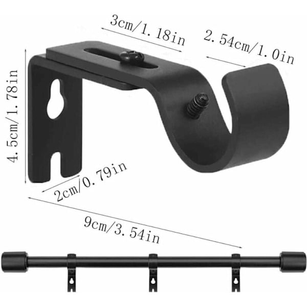 2-pack justerbara väggmonterade gardinstångsfästen, kraftiga metallgardinstångsfästen, justerbar längd 3-12 cm, svart