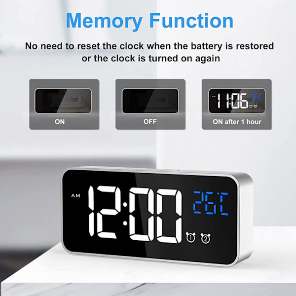 Digital väckarklocka, LED-digital klocka med temperaturvisning, skrivbords klocka med 2 alarm, 13 alarmtoner, USB-laddningsbar