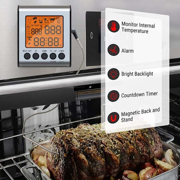 Dobbelt-sond digitalt utendørs kjøtttermometer BBQ ovnstermometer med stor LCD-skjerm for kjøkken