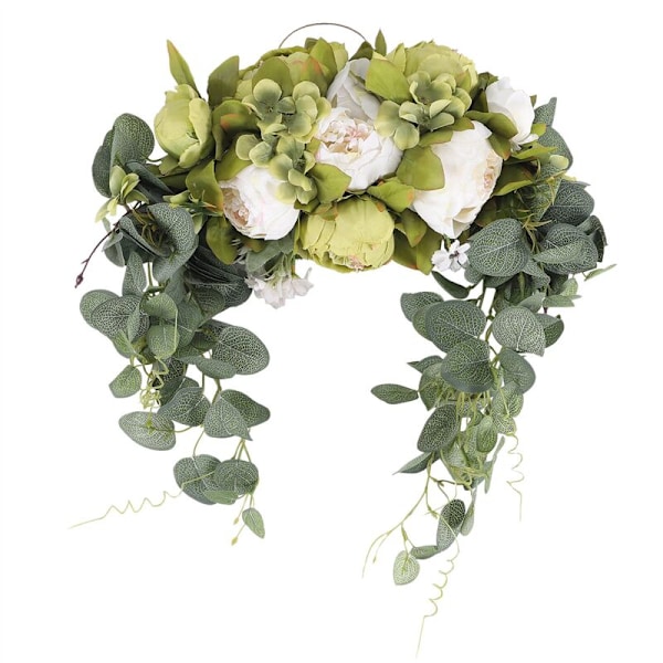 Kunstig Blomsterkrans, 30 Tommer Håndlavet Krans med Blade Peony Bue Girland Simulerede Blomster
