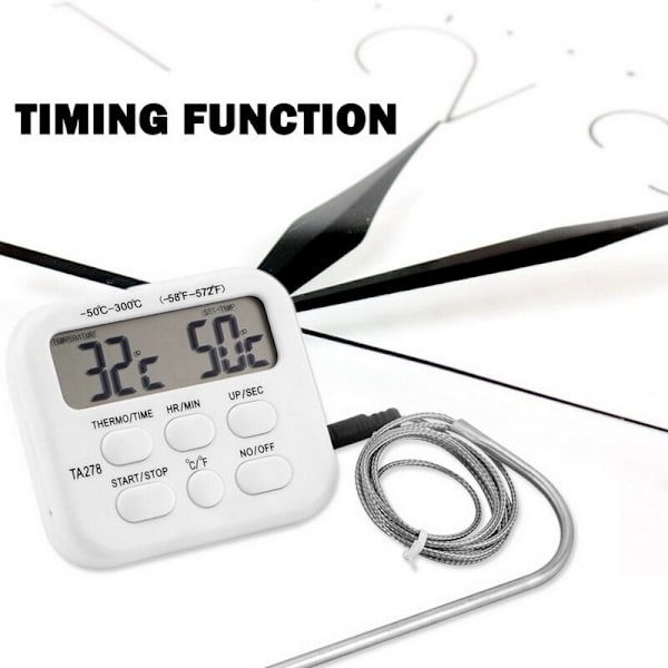 Køkken Grill Termometer med Stik, Kogetidstæller, LCD Digital Display, Ovn Kødtermometer