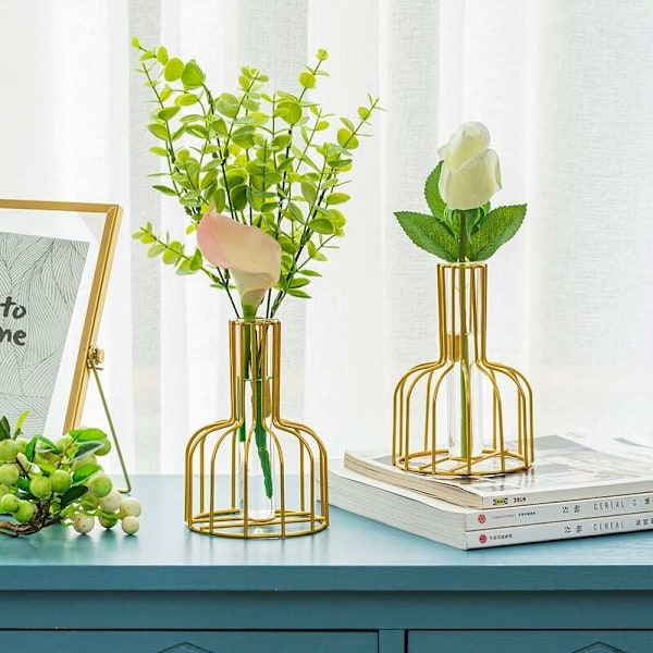 Sæt med Mini Vaser - Små Vaser til Borddekoration - Moderne Bud Blomster Vase - Hydroponisk Glas Vase - Reagensglas (Guld) - Fei Yu