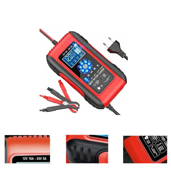 Intelligent Batterilader 10A 12V/24V LiFePO4 Batterilader til Bil Motorcykel Automatisk Auto Vedligeholdelseslader med LCD-skærm Reparationsfunktion til Ca
