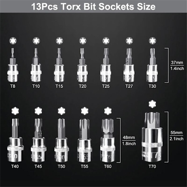 Sett med 13 Torx-hylser T8-T70 H2-H14, 1/4 tommer, 3/8 tommer og 1/2 for manuelt arbeid