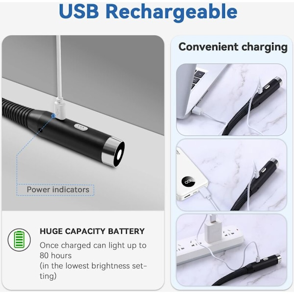 Kaula-lukulamppu - Ladattava lukuvalo 3 säädettävää kirkkaustasoa - 360° taitettava - USB LED-lukuvalo matkustamiseen - neulomiseen - leirintään NPTERBL