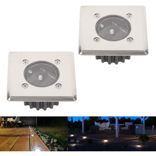 Set med 2 Solcells LED Inbyggda Markbelysning - Kvadratisk - 8,5 x 8,5 cm - Rostfritt Stål - 2 Inbyggda Spotlights - IP44