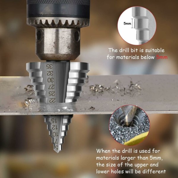 HSS Trin Drill Bit, Dobbelt-slidset Trin Drill Bit (5mm-35mm) med Titanium Belægning, Massiv, Perfekt til Skruetrækkerboring på Stål Træ, Plast,