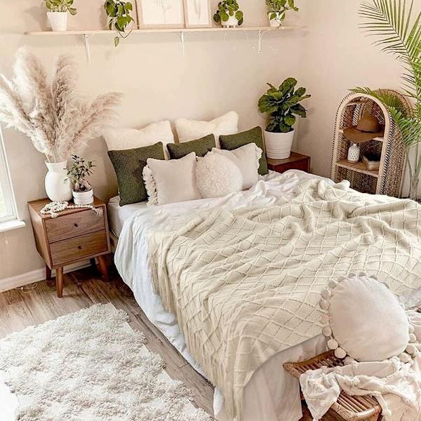 Rutete strikkede tepper, sengeteppe med frynser, strikkete teppe 150x200cm (Beige)