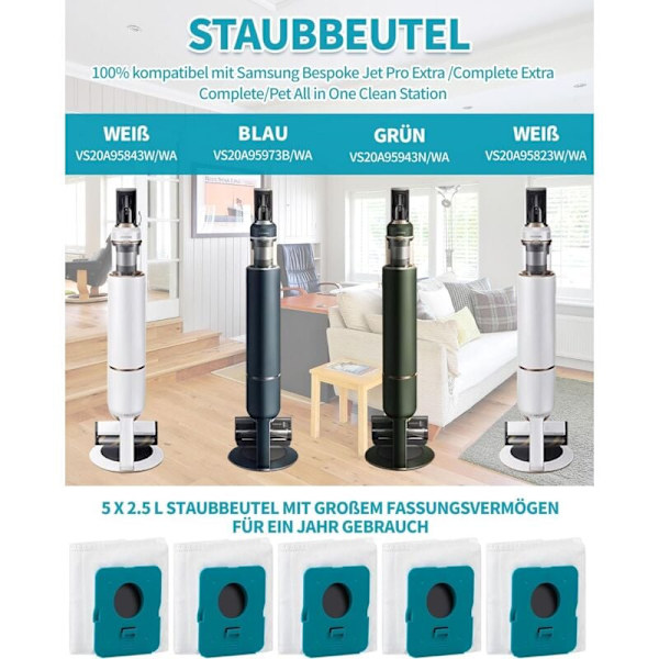 VCA-ADB952 5 kpl Pölypusseja Samsung Bespoke Jet Pro Extra/Complete Extra/Complete/Pet Akulla Käyttöinen Pölynimuripuhdistusasema Tarvikkeet 2,5L