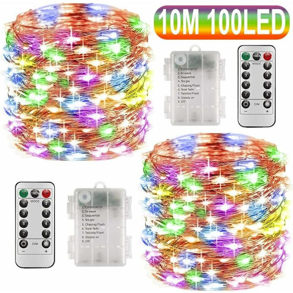 2 x 10m LED-lyslenker med batteri, 100 LED-lys, timerfunksjon med fjernkontroll, IP65 vanntett, innendørs og utendørs dekorasjon til jul, bryllup