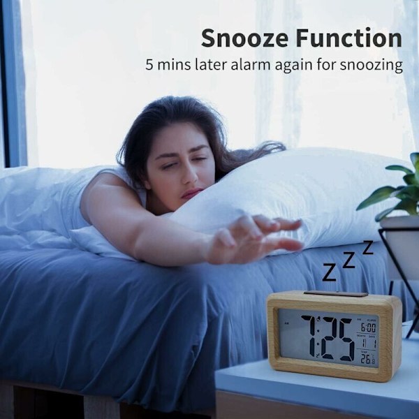 Træ Digital Vækkeur, LED Vækkeur Ikke-tikkende Digitalt Ur med Dato, Temperaturvisning, Snooze-funktion
