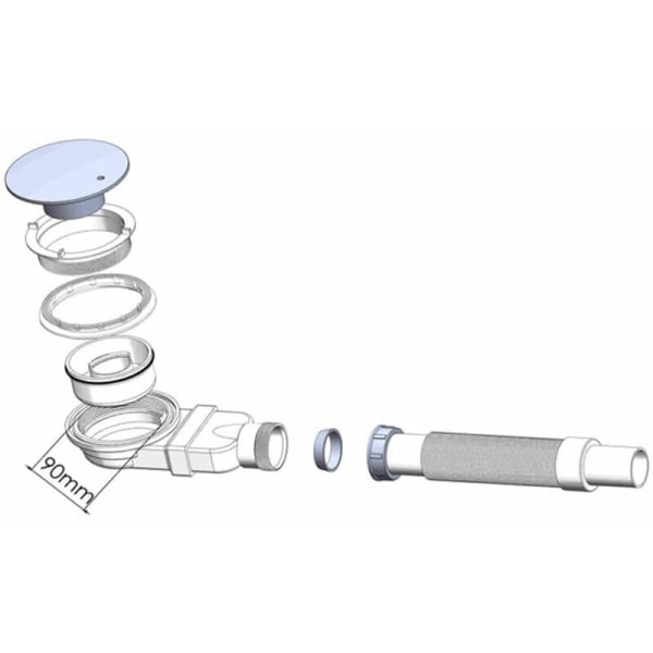 Suorakaivo 90 mm, erittäin litteä, suihkukaivon viemärireikä, sifoni hajunpoistolla, hiussuodatin, joustava letku, kromattu kansi, valkoinen, yksi piirakka