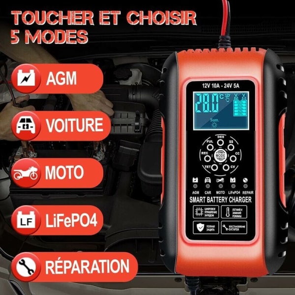 Intelligent Batterilader 10A 12V/24V LiFePO4 Batterilader til Bil Motorcykel Automatisk Auto Vedligeholdelseslader med LCD-skærm Reparationsfunktion til Ca