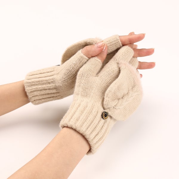 Høst og vinter flip-top korte ullfingerløse hansker for kvinner, varme og fasjonable strikkede halvfingerermer (beige)