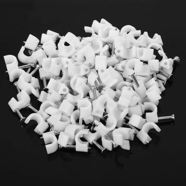 5 mm diameter kabelklips med festeklemmer, 100 stk., hvit