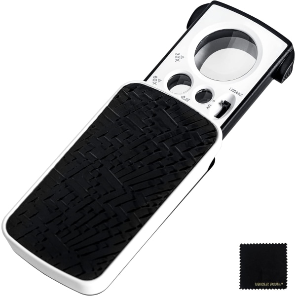 Pull-Out Pocket Lupe 30X 60X 90X med opplyst LED UV - Svart bærbar håndholdt øyeforstørrelsesglass