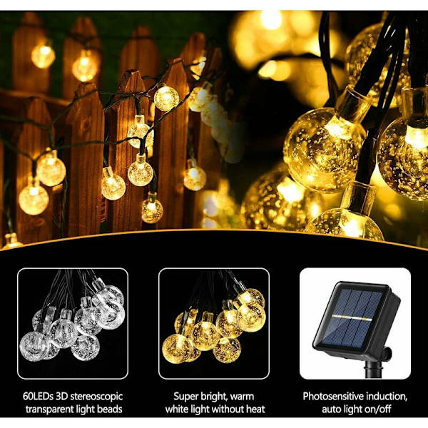 Solcelled Fejelygter Udendørs (Varmt Hvidt), 13,8M 60 LED Solcelle Boldstrenglys 8 Tilstande Vandafvisende Indendørs Udendørs til Have, Terrasse, Jul