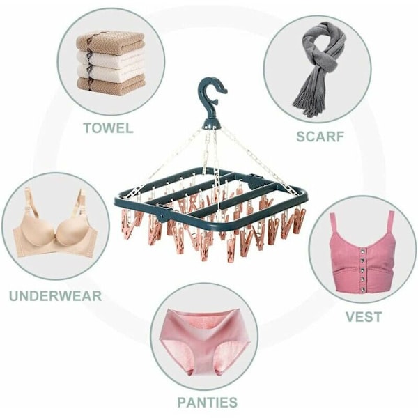 Sock Drying Rack, Sock Drying Rack med 32 klämmor för underkläder, strumpor, hållbara klädnypor i plast för inomhus- och utomhusbruk
