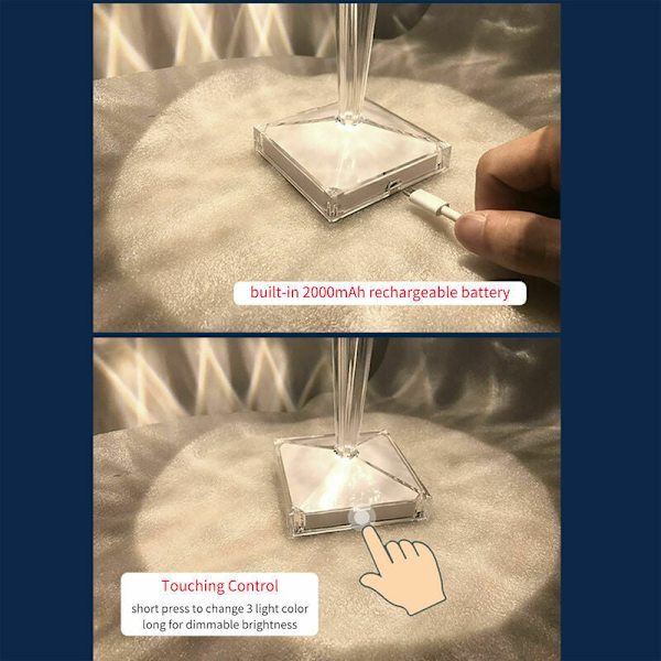 Diamantkristall bordslampa, USB-laddningsbar kristallsänglampa, justerbar temperatur/ljusstyrka, litiumbatteri touch-typ