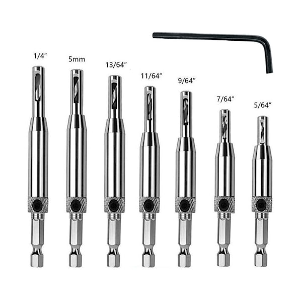 Selvcentererende Bor Bits med Hex Nøgle 8 Pak, Hængselværktøj Huljusteringsbor Bit 5/64'' 7/64'' 9/64'' 11/64'' 13/64'' 5mm 1/4'' Stål Metal til Træ