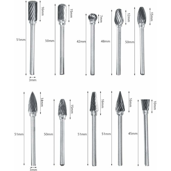 Karbidfrässet Rotary Files Tungsten Steel 10 st Diameter Cutter Head För 3mm Fräs 6mm Skaft Gravering Fräsning Metallskärning Polering