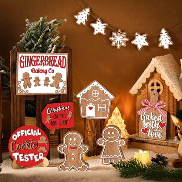 Julebakke Dekoration 12 Styk Julebord Dekorationer Ginger Man Træskilt Snemand Julemand til Julefest Hjem Køkken