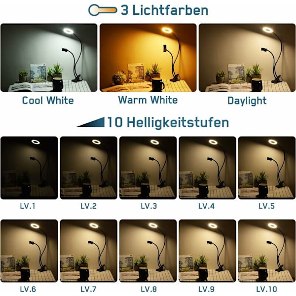LED Ringlys, Selfie Ringlys med Telefonholder, 3 Lystilstande/10 Lysstyrke niveauer, Klemme Bordlampe til Foto/Video/Portræt/Makeup/Youtube/Vlog