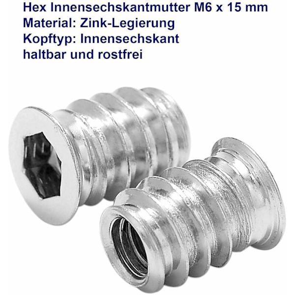 100 kpl Puupuisen Kierteisen Insertoinnin Kuusiomutteri M6 x 15 mm Sinkkiseosruuvi Insertointi Kierteinen Kannenruuvi M6 Puu Insertointi Kalusteille Tuoleille Puusängyille
