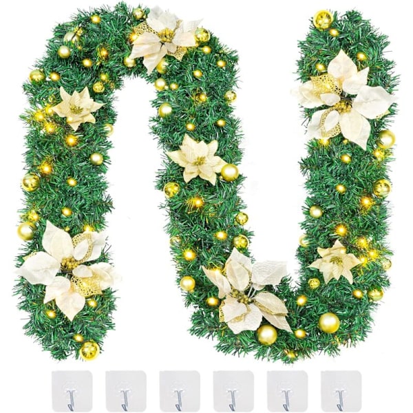 2,7 m Kunstig Juletrekrans, Juletrekrans med LED-lys, Juledekorasjonskrans med 6 kroker, for dekorasjon av dør, peis og trapp