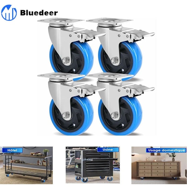 Sett med 4 svingbare hjul, 100 mm hjul for møbler, opptil 600 kg, kraftige hjul med brems, 360° rotasjon