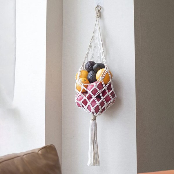 Hängande Macrame Fruktkorg - Boho Korg för Förvaring av Potatis, Lök och Frukt - Boho Väggdekor för Köket
