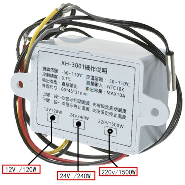 Digital temperaturregulator display termostat kontrol switch og termistor sensorer temperaturføler (220V 1500W)