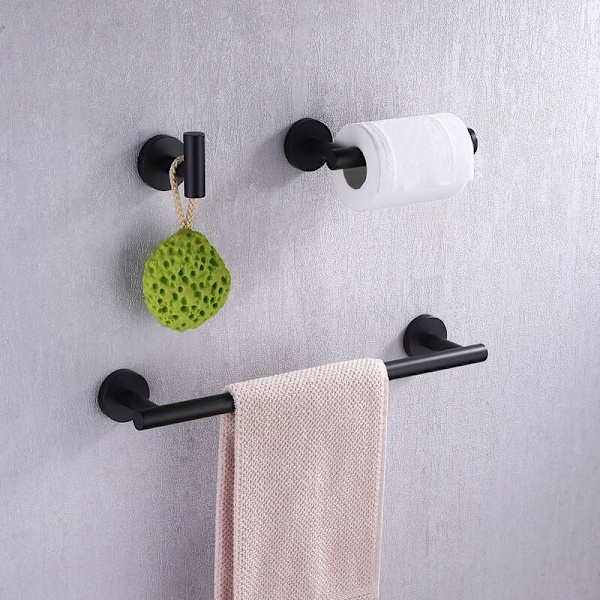 by Amazon Sort af Badeværelsestilbehør i Sort 3 Dele Håndklædeholder Toiletpapirholder Frakkeholder Væghængt 304 Rustfrit Stål Mat Sort, LA20BKDG-32-DENU