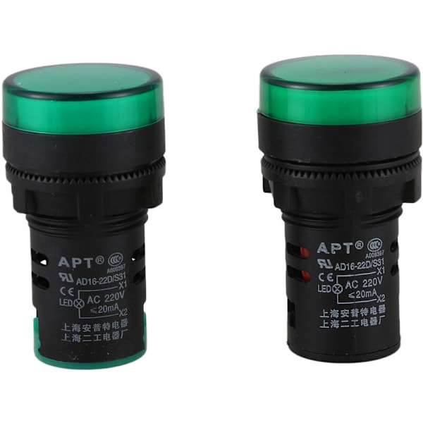 2 stk. AC220V Grøn LED Strømindikator Pilot Signallys Dia 22Mm