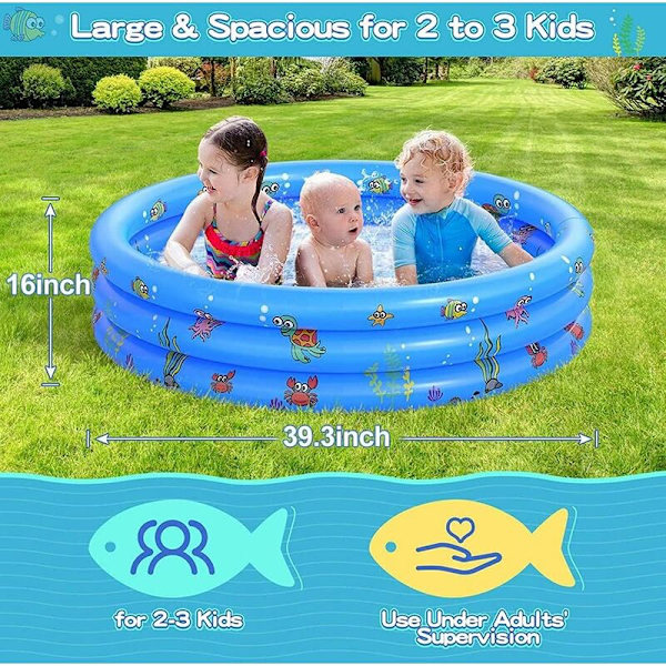 Uppblåsbar vadderad pool, liten rund hopfällbar PVC-barnpool för familjedusch, bärbar badkar i vattenlekcenter fiske (100CM)-