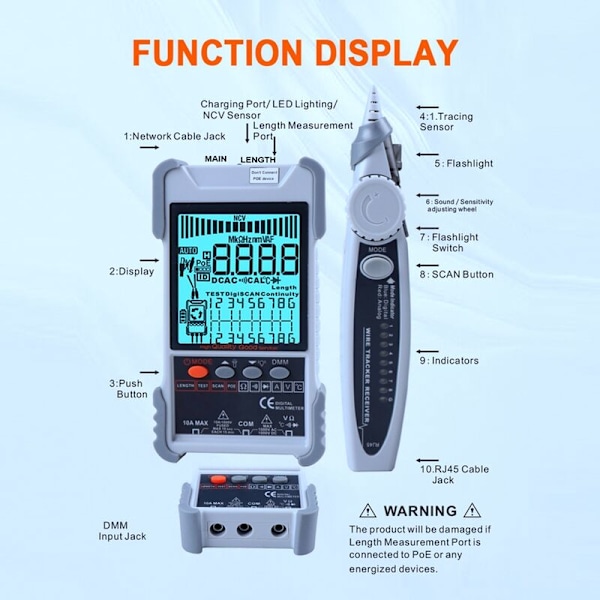 ET618 Nettverkskabeltester med LCD-skjerm Analoger Digital søk POE-test Kablet kabeltester ID-kartleggingsverktøy (A)