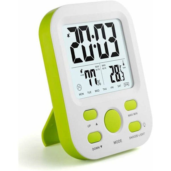 Digital väckarklocka med snooze och sömntimer, 12 timmar/24 timmar, bakgrundsbelyst display, automatisk fuktighets- och temperaturjustering. (Grön)