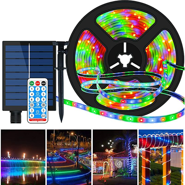 Solcellsdriven LED-remsa för utomhus, 5m 280 LED-lampor Solcellsdriven färgväxlande RGB LED-remsa med 8 ljuslägen IP67 Vattentät Dekorativ Sträng