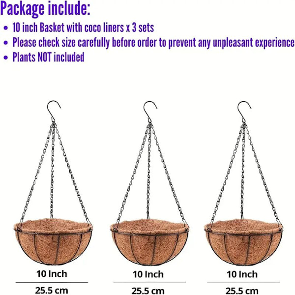 Sett med 3 Hengende Plantekurver for Uteplanter med Kokosfôr, Metalltråd Blomsterkurv, Potteholder, Henger, Terrasse, Veranda, Hage, Balkong, Utendørs