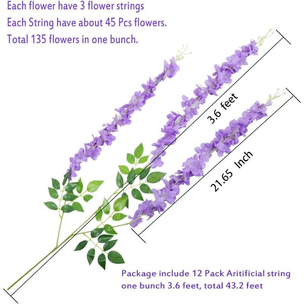 24 stk./sæt 3,6 fod/stykke Kunstige Blomster Falsk Glycin Vine Hængende Girland til Hjem Have Fest Bryllup Dekoration Simulation Blomst (24, Lilla)
