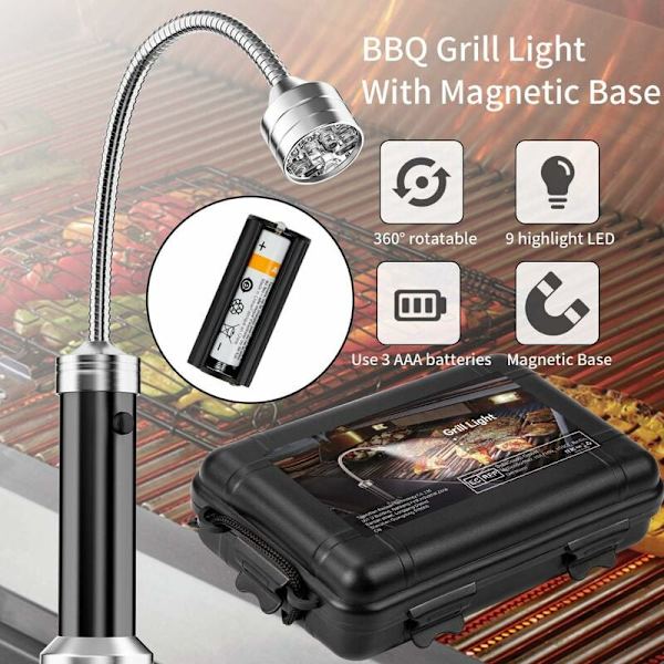Sæt med 2 LED-grilllamper til grill med magnetisk fod, 360 graders rotation, fleksibel justerbar til grill, camping, fest, udendørs