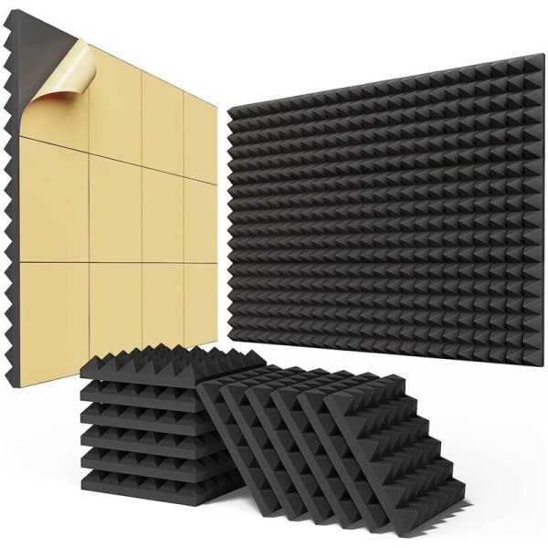 Självhäftande ljudisolerade skumpaneler 24 delar 2X12X12 tum, akustiska expansionspaneler, pyramidljudisolerade väggpaneler