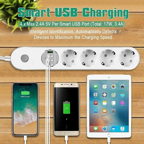 USB-virtapalkki ylijänniteltä suojaava 4 pistorasiaa + 4 USB, kytkin, 2m